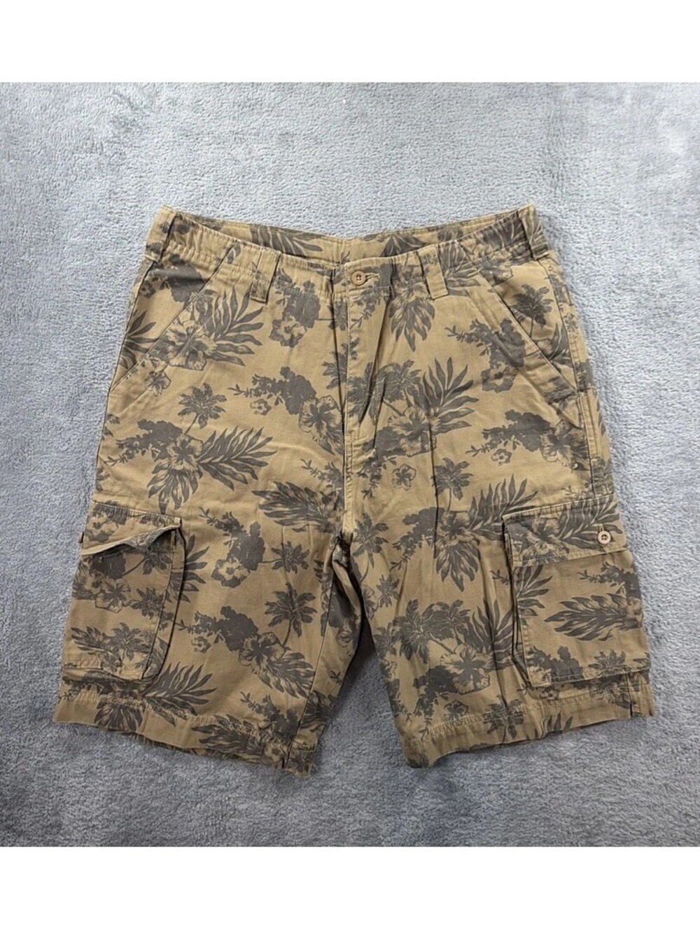 RS Surf Mens Cargo Shorts 34 Beige Black Floral Tropical Beach Utility
